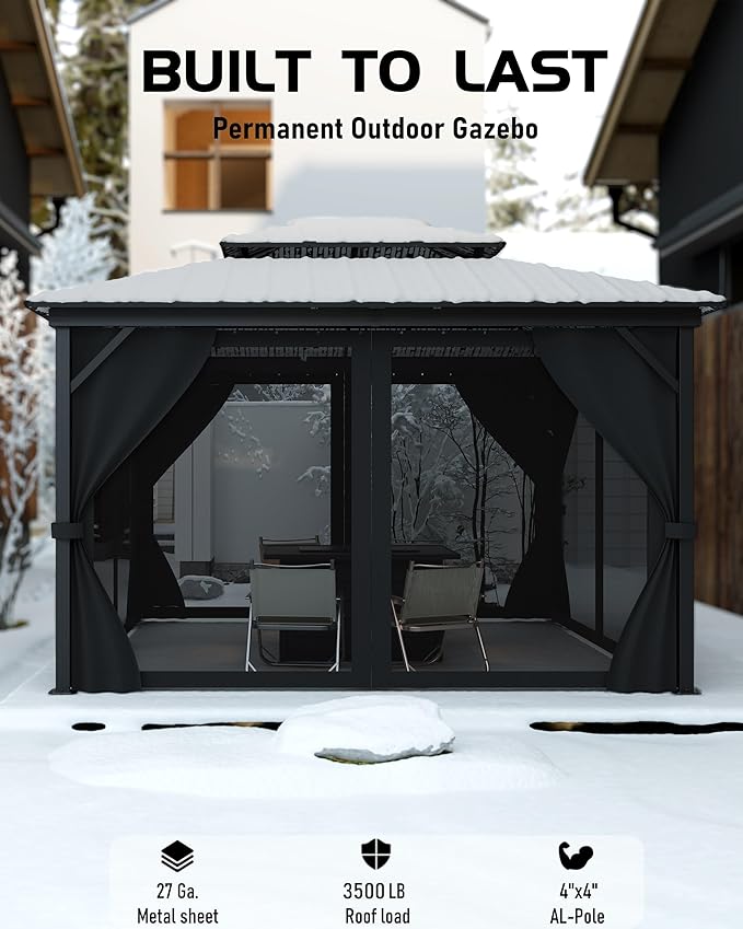 12x14 Hardtop Gazebo with Double Galvanized Steel Roof, Breathable Netting and Privacy Curtains – Durable Outdoor Pavilion for Backyard