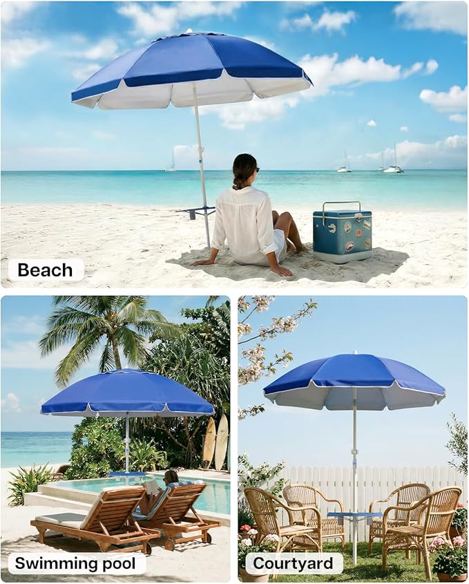 paramondo 7ft Beach Umbrella with Sand Anchor Air Vent Push Button Tilt and Crank, Portable Sunshade Outdoor Patio Umbrella with 8 Sturdy Ribs for Garden, Deck, Backyard, Pool and Beach