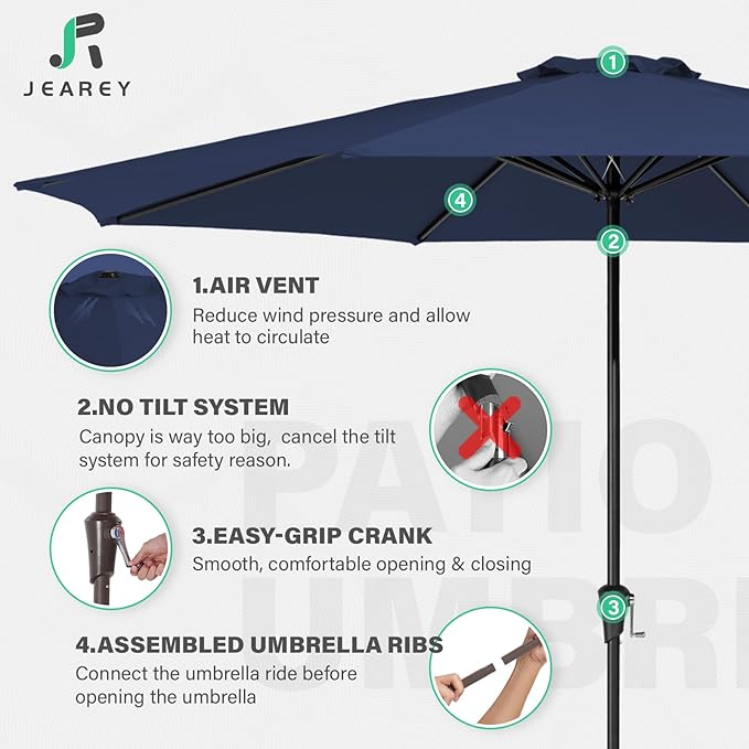 JEAREY 11' Patio Umbrellas Outdoor Table Market Umbrella w/Crank, 8 Sturdy Ribs, UV Protection Windproof for Garden, Deck, Backyard, Pool(Navy Blue)
