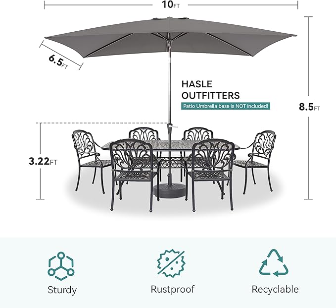 HASLE OUTFITTERS Rectangular Patio Umbrella, 6.5 x 10 ft Rectangle Table Umbrellas w/Heavy Duty Ribs, Effortless Crank and Push Button Tilt, Wind Resistant Sun Umbrella for Outdoor Patio, Gray
