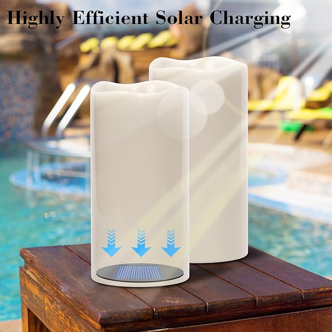 Large Solar Powered Candles, Outdoor Rechargeable Flameless Candles, Waterproof LED Light Candles Flickering for Lantern Garden Camping Patio Home Decor Dusk to Dawn 2 PCS 4" x8"