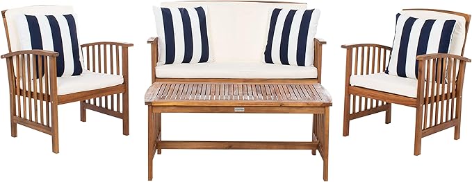 SAFAVIEH Outdoor Collection Rocklin Natural/ Beige Cushions/ Thick Stripe Pillows 4-Piece Conversation Patio Set