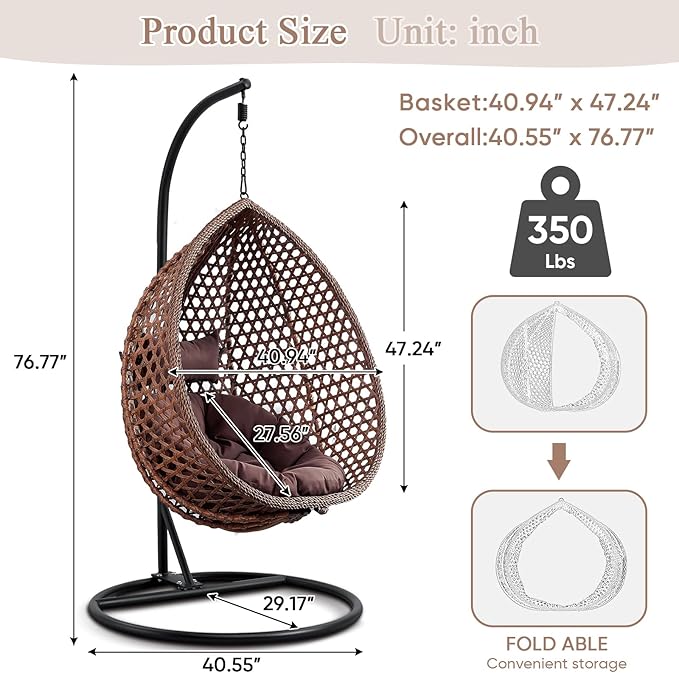 Hanging Egg Swing Chair with Stand, Rattan Wicker Hanging Egg Chair Hammock Indoor with Cushions, Swinging Chair for Bedroom Outdoor Patio Balcony Backyard Sunroom Heavy Duty 350LBS (Brown)