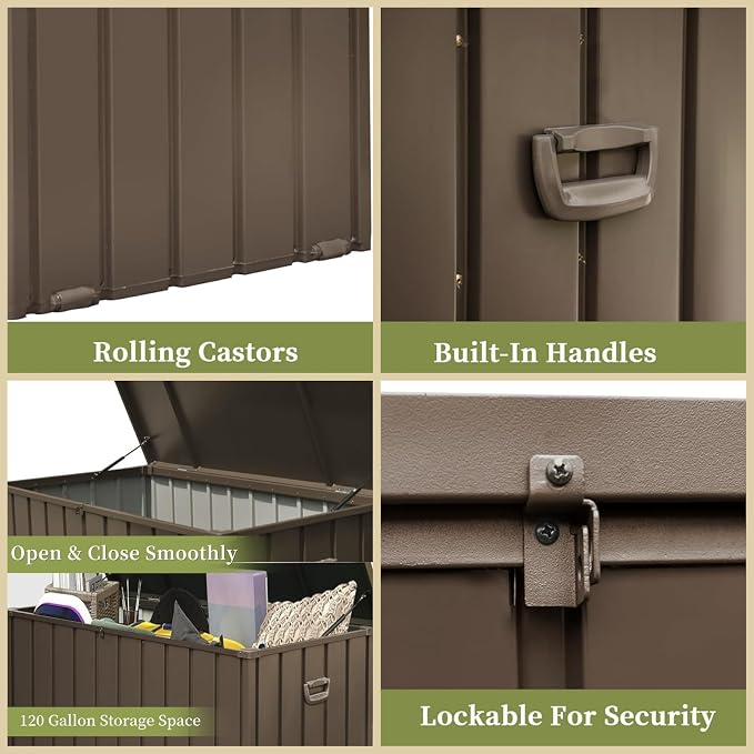 ChicFurnit Outdoor Storage Box, 120 Gallon Deck Box with Lockable Metal Lid & Portable Side Handles, Outdoor Storage Bin with Stable Support Rod, Soft Close Mechanism & Mobility Rollers, Dark Brown