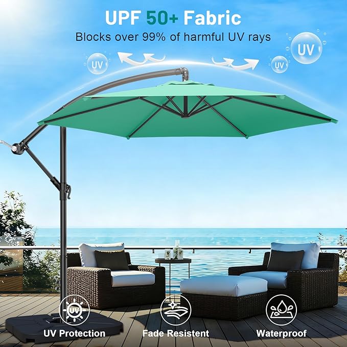 AreShark 10FT Patio Outdoor Umbrella, Offset Patio Umbrella Cantilever Umbrella, 6 Sturdy Ribs, Easy Adjustment for Garden Market Pool with Cross Base (Peacoke Blue)