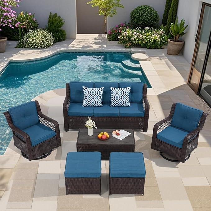 6 Pieces Wicker Patio Furniture Set Conversations Sets, 2 Outdoor 360° Swivel Chairs, Patio Swivel Chair with Table and Ottoman for Garden, Poolside, Backyard (Peacock Blue)