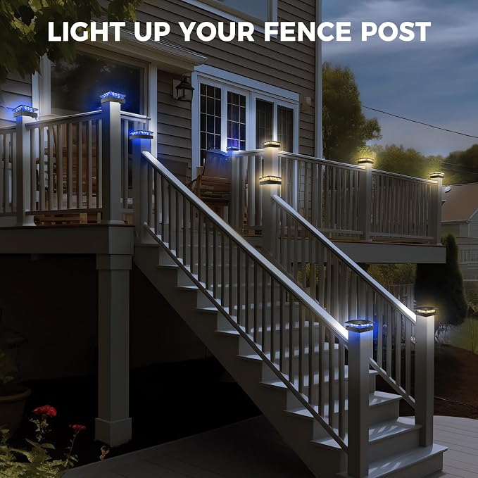 2pack 4x4 Solar Post Lights Outdoor, Blue & Warm White LED Fence Caps Light Waterproof, Wood & Vinyl Post Top Lighting for Deck Mailbox Railing Porch Outside
