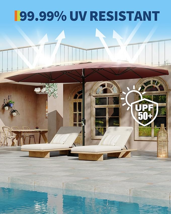 GarveeLife 15 ft Large Patio Umbrella with Lights, 36 LED Lights Double-sided Patio Umbrella with Weighted Base for Poolside Garden Backyard
