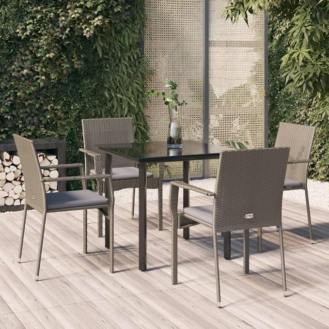 5 Piece Outdoor Dining Set, Patio Furniture with PE Rattan Chairs and Tempered Glass Table, Comfortable Garden Bistro Set for Backyard, Deck, and Porch