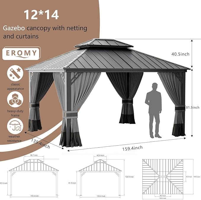 12' x 14' Hardtop Gazebo,Outdoor Permanent Pavilion Double Galvanized Steel Roof Pergola with Nettings and Curtains,Patio Sunshade Gazebos for Patio Lawns Backyard Deck,Grey