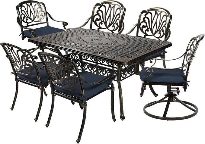 MEETWARM 7-Piece Outdoor Patio Dining Set, All-Weather Cast Aluminum Patio Conversation Set with 2 Swivel Rocker Chairs, 4 Stationary, 1 Rectangular Table, 6 Cushions, 2" Umbrella Hole, Navy Blue