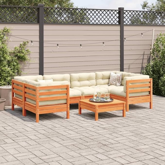 7 Piece Patio Sofa Set with Cushions, Front Porch Furniture Outdoor Sofa Sets Patio Conversation Set Outdoor Dining Sets for Negotiation Area Poolside Garden Piazza Wax Brown Solid Wood Pine