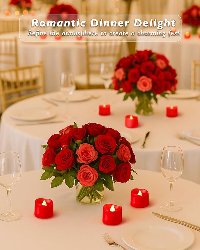 Raycare 24 Pack Red Battery Operated Tea Lights, 200+Hour Electric Flickering Flameless Candles, Realistic Votive LED Tea Lights for Wedding Party Table Halloween Christmas Decorations