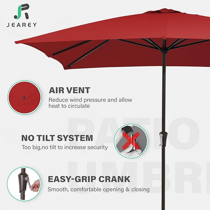 JEAREY 8x10 ft Rectangular Patio Umbrellas Outdoor Table Market Umbrella w/Crank, 8 Sturdy Ribs, UV Protection Windproof Sunproof for Garden, Deck, Backyard, Pool(Red)