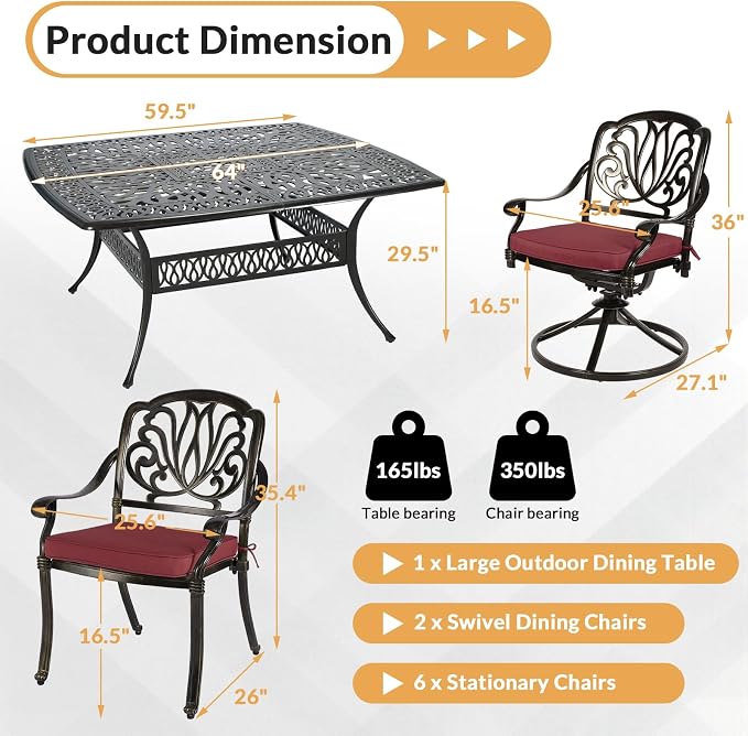 9 Piece Outdoor Patio Dining Set for 8, Cast Aluminium Large Square Dining Table & 2 Swivel Rocker Chairs, 6 Stationary, 8 Cushions, Umbrella Hole, Patio Furniture Set for Garden, Chili Red