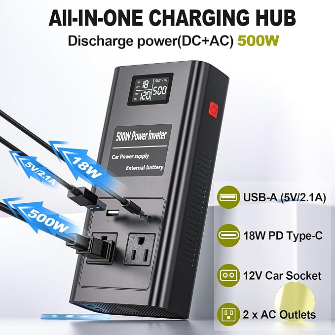 Pure Sine Wave Inverter Compatible with Ryobi 18V Battery, 2 in 1 500W 2 Port Power Inverter Battery Charger Generator DC 20V to AC* 2 Outlets, 120V Car Charger Plug, USB&Type-C (Tool Only)