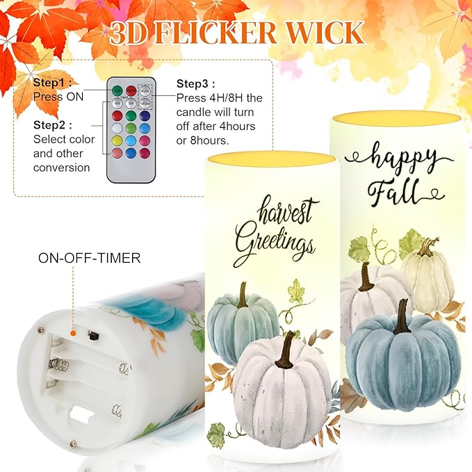 Tiamon 4 Pack Fall Led Candles with Remote - Blue Pumpkin Flameless Candles - Autumn Battery Operated - Warm Light Flickering - Harvest, Thanksgiving Table Decorations, Gift