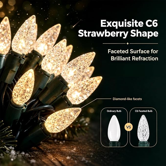 Heyworld C6 Gentle Twinkle Christmas Light, 120 LED Soft Twinkling Strawberry Lights, UL Certified 37FT Waterproof Connectable for Indoor Outdoor Xmas Tree Wedding Party Decor（Warm White）