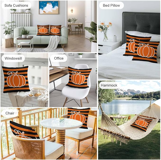 Orange Pumpkins Outdoor Waterproof Pillow Covers, Autumn Black Stripes Farmhouse Decorative Square Throw Pillowcase Sofa Cushion Sham for Patio/Couch/Chair, 24"x24" 2 Pack