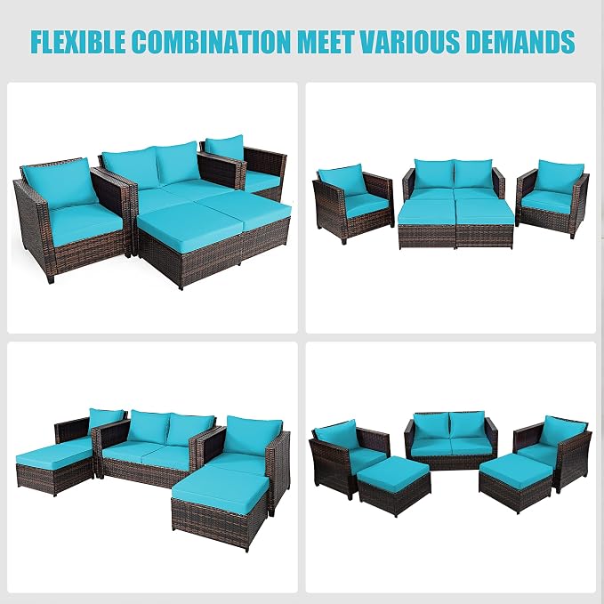 DORTALA 5-Piece Outdoor Patio Conversation Set, Loveseat and 2 Ottoman, Outdoor Sectional Rattan Sofa Set, Multifunctional Rattan Furniture Set Suitable for Backyard Garden Poolside Balcony, Turquoise