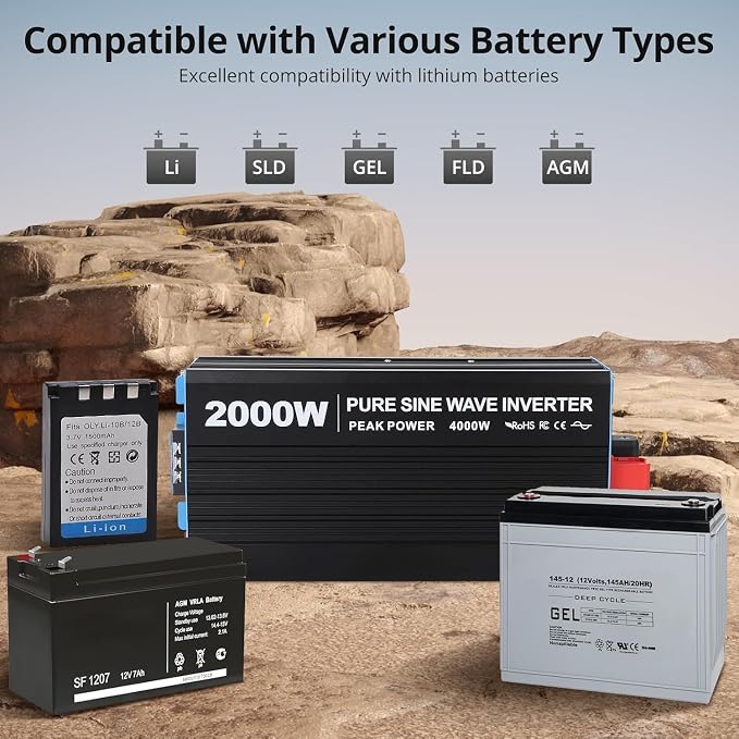 Power Inverter 2000 Watt Pure Sine Wave 12V DC to 110V/120V AC 4000W Peak Converter for Family RV Off Grid Solar System with 3 AC Outlets LCD Display Remote Control and 2.1A USB Charging Port