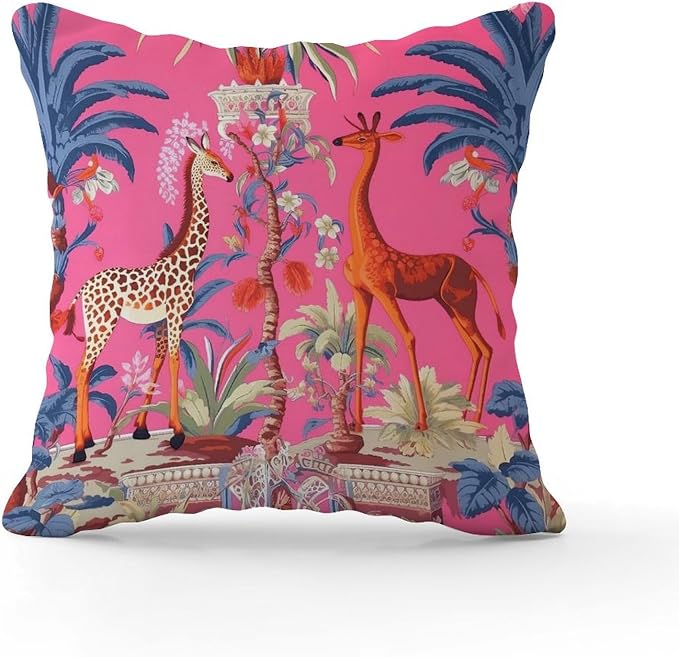 Pillowcase Animal Pink Chinoiserie Cushion Cover Rustic Thailand Giraffe Jungle Pillow Cover Accent Farmhouse Decor Pillow for Couch Sofa Bedroom Car 22x22 in