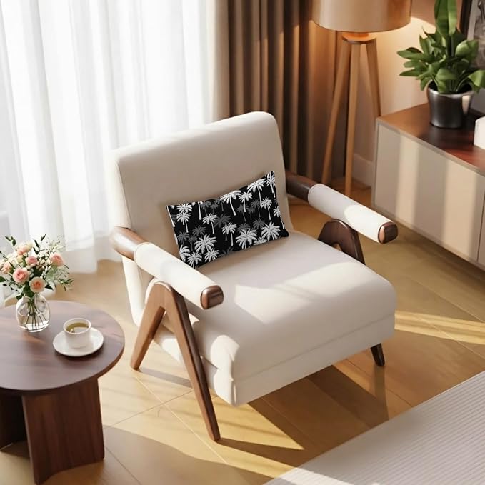 Tropical Palm Tree Outdoor Pillows for Chaise Lounge Chair Waterproof Lumbar Pillows with Insert&Adjustable Strap Beach Headrest Pillow Black White Plants Coastal Leaf Beach Pool Pillow 12"x20"