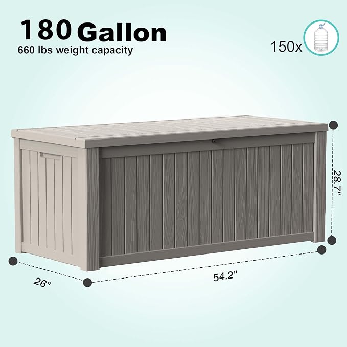 PatioZen 180 Gallon Deck Box,Resin Outdoor Storage Box with Lockable for Patio Furniture, Pool Accessories, Garden Tools Waterproof Outside Storage Box (Grey)