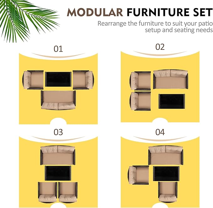 Shintenchi 4 Piece Patio Furniture Set, Outdoor Rattan Conversation Set with Coffee Table, Outside Wicker Sectional Sofa Couch with Cushion, Brown and Khaki
