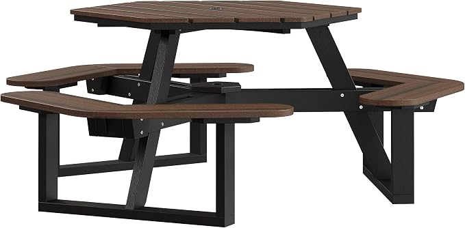 Shoreline Made in USA Hexagon Picnic Table, Seating for 6, Black Sand/Rustic Walnut