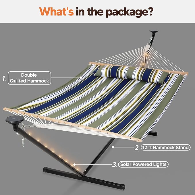 SUNCREAT Double Hammock with 12 ft Stand, Solar Powered Lights, Outdoor Standing 2 Person Hammock, Dark Green