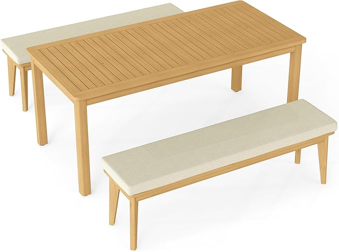FansaFurn 3-Piece Outdoor Dining Set for 4 with 2 Benches and Cushion, All-Weather Acacia Wood Patio Table and Bench Set for Garden and Lawn, Beige