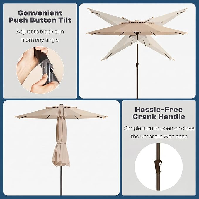 Outdoor Patio Umbrella, 2 Tiers Market Table Umbrella with 8 Sturdy Ribs, Push Button Tilt and Crank, UPF50+ UV Protection for Deck, Pool, Garden and Backyard