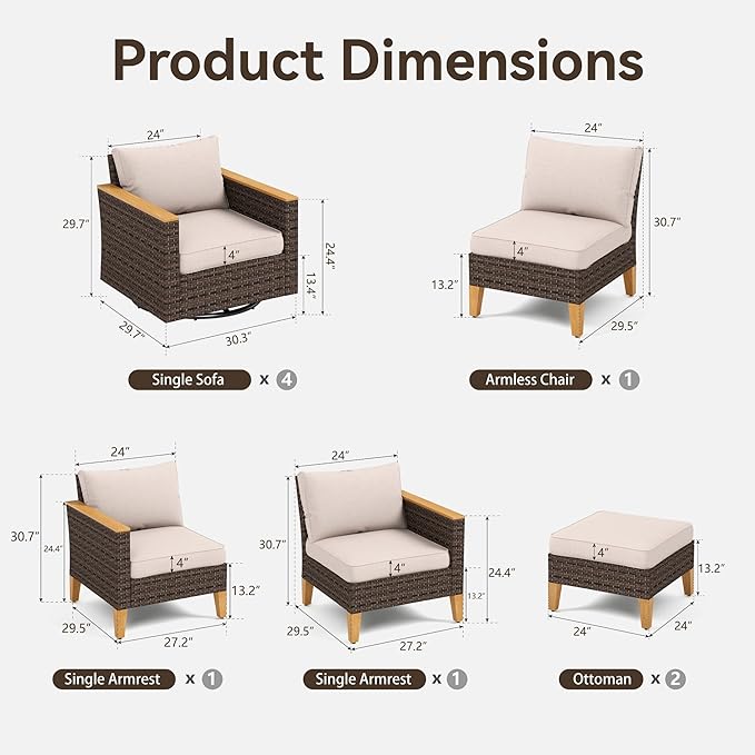 GREEN PARTY 9 Pieces Wicker Patio Furniture Set, All-Weather Outdoor Rattan Patio Sectional Sofa Conversation Set 9 Seats with 4" Thick Cushions for Garden, Backyard, 4 x Swivel Chairs