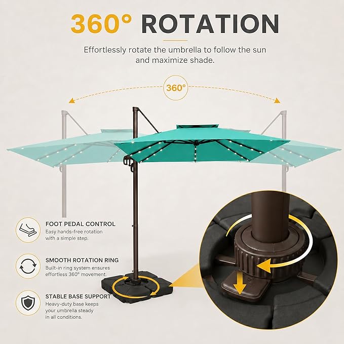 10FT Cantilever Patio Umbrella with Solar Lights, Large Outdoor 2 Tier Aluminum Offset Square Umbrellas 360 Degree Rotation for Garden Deck Pool