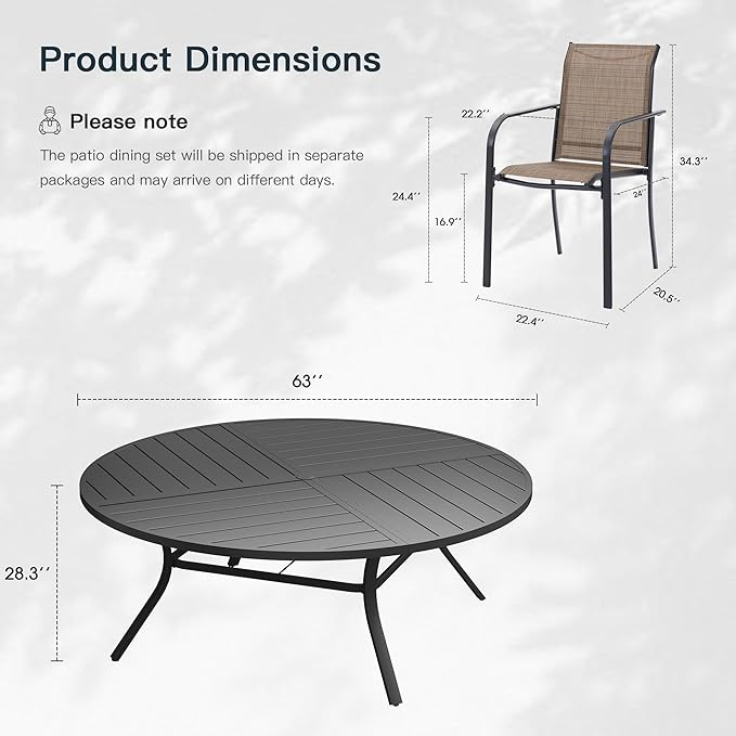 VICLLAX 11 Pieces Patio Outdoor Dining Set, 63" Round Metal Table with Umbrella Hole and 10 Stackable Textilene Chairs for Patio, Lawn, Garden, Porch, Black/Brown