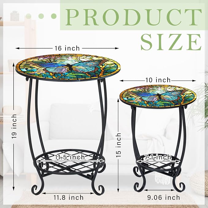 Cinnvoice 2 Pcs Outdoor Side Table Small Patio Round Mosaic Accent End Table Indoor Plant Metal Coffee Tea Tables for Patio Yard Porch Garden Living Room(10" and 16",Butterfly Style)