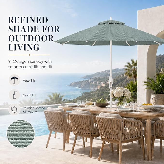 Treasure Garden 9ft Patio Umbrella - Outdoor Furniture Market Umbrella – Deluxe Auto-Tilt – White Aluminum Frame (Sunbrella, Spa)