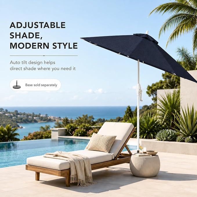 Treasure Garden 9ft Patio Umbrella - Outdoor Furniture Market Umbrella – Deluxe Auto-Tilt – White Aluminum Frame (Sunbrella, Navy)