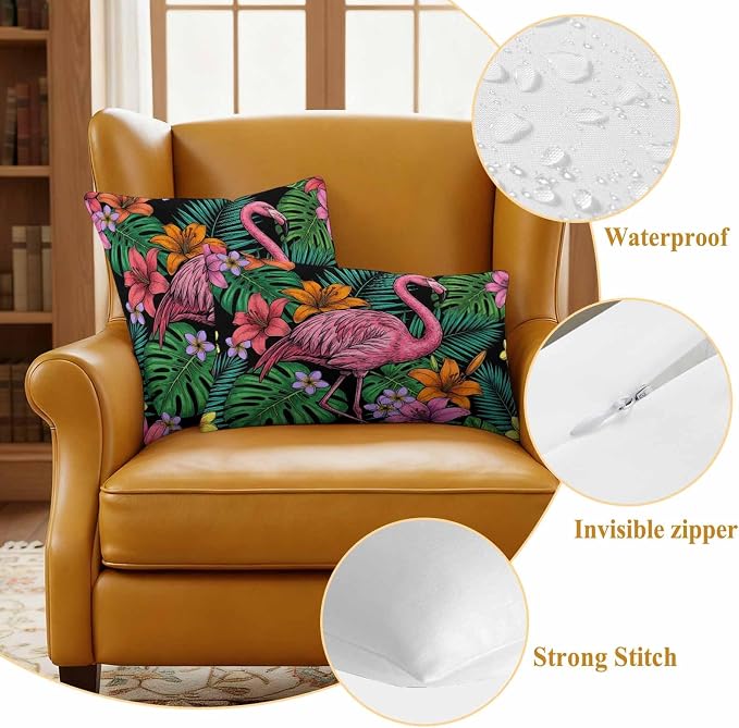 Pink Flamingo Outdoor Pillow Covers 16"x16" Set of 2, Summer Tropical Jungle Hibiscus Flower Vintage Waterproof Throw Pillow Covers for Patio Furniture, Decorative Cushion Covers for Porch