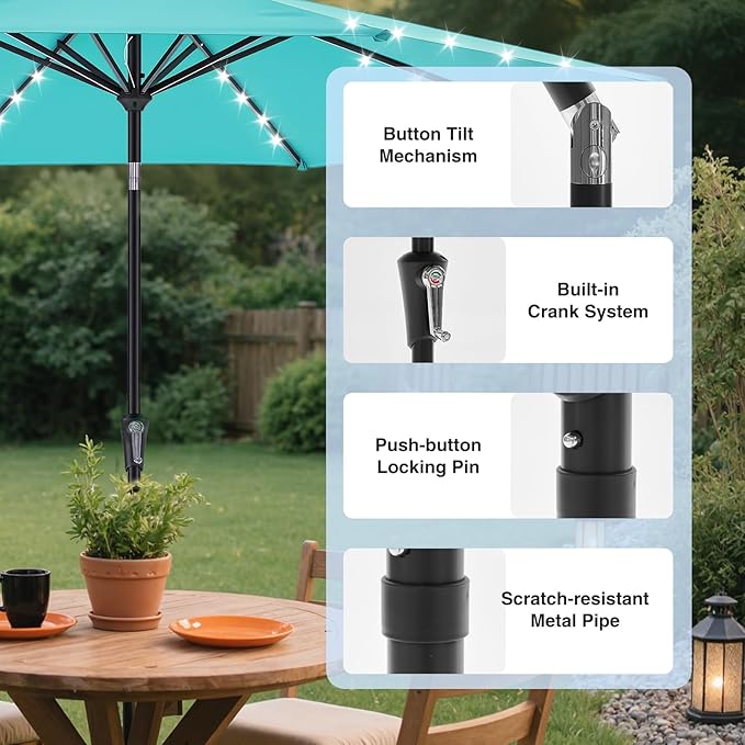 DUMOS LED Outdoor Patio Umbrella 10 FT UV-Resistant Market Umbrella with Tilt Adjustment & Crank Lift, All-Weather Shade for Backyard, Deck, Garden, Beach