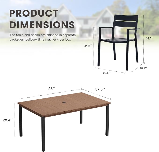 Patio Dining Set for 6, 63" Outdoor Dining Table and Chairs Set with Stackable Patio Chairs Outdoor Furniture for Garden Deck Backyard, Walnut Table and Black Chairs