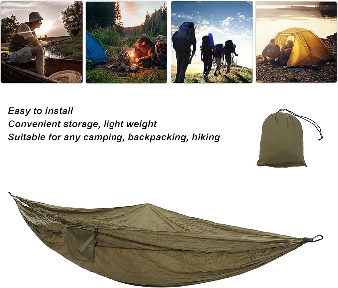 Double Hammock 210T Nylon Camping Swing, Outdoor Indoor Hanging Bed for 2 Person, Lightweight Portable Hammock with Carabiner Steel Buckle for Camping Hiking Backyard (Olive Drab)