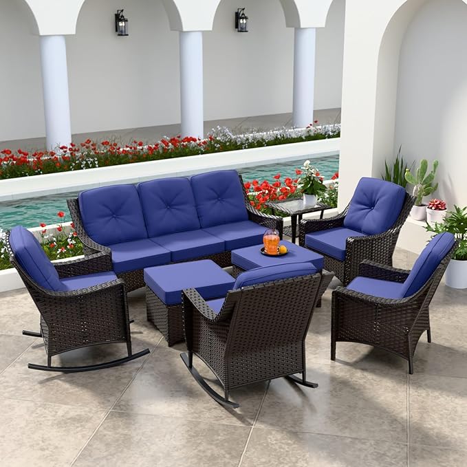 Stone Creek Outdoor Furniture Set with Rocking Chairs, Patio Chairs, 3 Seater Couch, Side Table & Ottomans, Wicker Patio Conversation Set, Balcony Furniture, 8 Piece, Brown/Blue