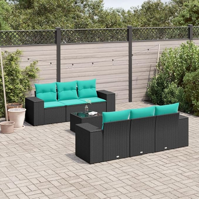 vidaXL Patio Sofa Set with Cushions 7 Piece, Outdoor Conversation Set, Sectional Sofa for Balcony Garden, Patio Furniture, Black Poly Rattan