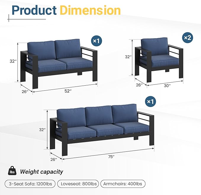 Patio Conversation Sets, Aluminum Outdoor Couch with Propane Fire Pit Table, All-Weather Patio Couch with 5" Thick Soft Cushion and 43'' Firepit Table, Outdoor Sofa Sets for Balcony, Porch, Dark Blue