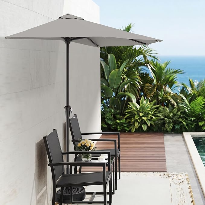 AreShark 9FT Half Patio Umbrella, Outdoor Wall Umbrella with Crank & 5 Sturdy Ribs, Table 1/2 Umbrella Patio for Garden, Deck, Balcony and Pool, Foggy Gray