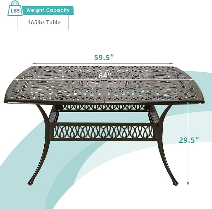 MEETWARM 64" Square Cast Aluminum Patio Dining Table, Weather-Resistant Large Outdoor Dining Table for 8 Person, Patio Furniture Table with Umbrella Hole and Adjustable Foot Pads, Dark Bronze
