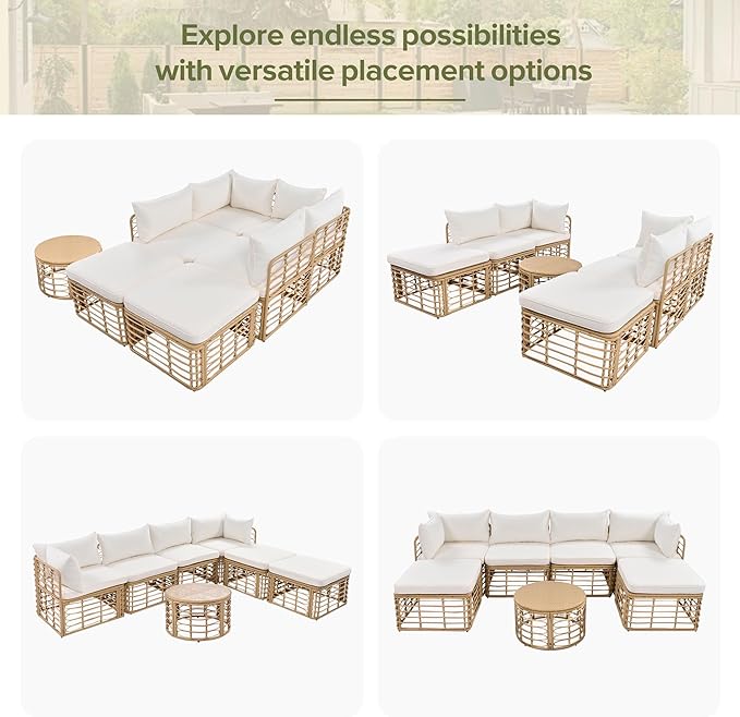 LUMISOL 7 Piece Patio Furniture Set, All-Weather Rattan Sectional Sofa Set with Thick Cushions and Pillows, Freely Combined Conversation Sets for Garden, Backyard, Balcony, Beige
