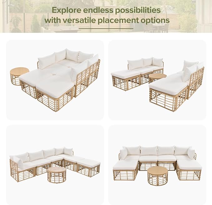 7 Pieces Outdoor Patio Furniture, All-Weather Rattan Sectional Sofa Set with Thick Cushions and Pillows, Freely Combined Conversation Sets for Garden, Backyard, Balcony (Beige#33)